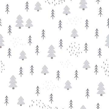 Seamless hand-drawn forest pattern in Scandinavian style. Kids vector abstract Stock Illustration