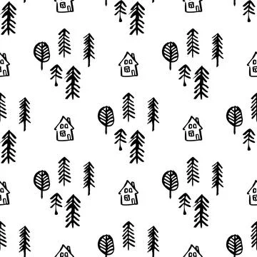 Seamless hand drawn forest pattern. Stock Illustration