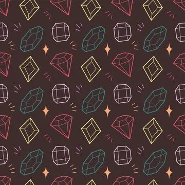 Seamless Hand Drawn Gemstone Pattern with Colorful Crystals on Dark Background Illustrazione stock
