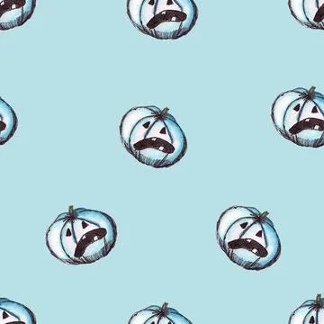 Seamless hand drawn Halloween pattern of pumpkins with faces on blue background Ilustração Stock