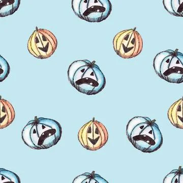 Seamless hand drawn Halloween pattern of pumpkins with faces on blue background Stock Illustration