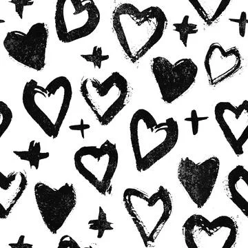 Seamless hand drawn heart pattern, black on white background. Stock Illustration