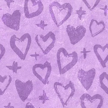 Seamless hand drawn heart pattern, purple on violet paper textured background Stock Illustration