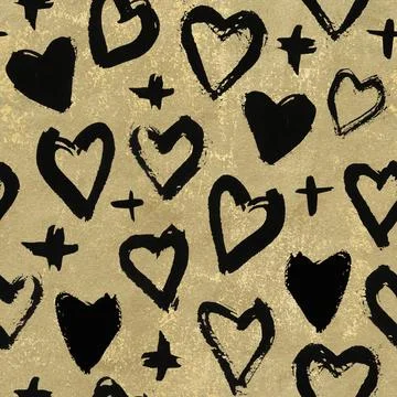 Seamless hand drawn heart pattern, black on gold paper textured background. Stock Illustration