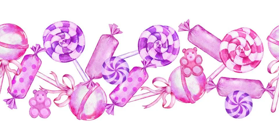 Seamless hand drawn horizontal border of pink sweet food candies lollipop Stock Illustration