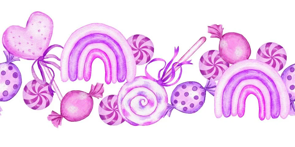 Seamless hand drawn horizontal border of pink sweet food candies lollipop Stock Illustration