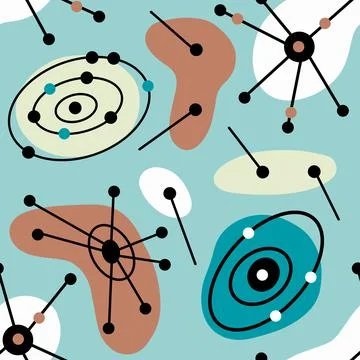 Seamless hand drawn mid century modern pattern in beige blue turquoise black Stock Illustration