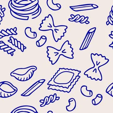 Seamless hand drawn pasta pattern featuring various noodle shapes like farfalle Stock Illustration