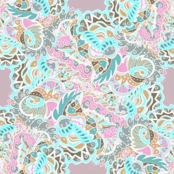 Seamless hand-drawn pattern with abstract leaves and flowers. Stock Illustration
