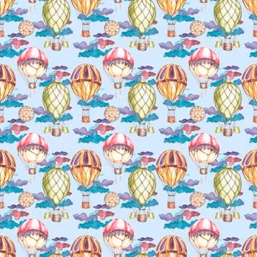 Seamless hand drawn pattern with aerostat elements. Ornamental colorful air Stock Illustration