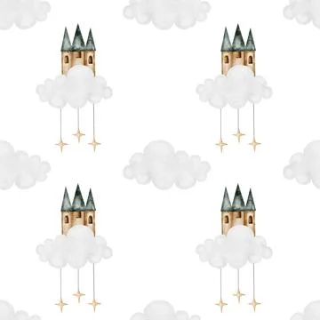 Seamless hand-drawn pattern with and clouds magic castle. Elegant pattern for Stockillustratie