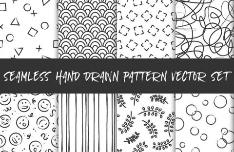 Seamless hand drawn pattern background vector set black white Stock Illustration