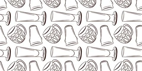 Seamless hand drawn pattern with beer glass mug on white background line art Stock Illustration