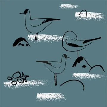 Seamless hand drawn pattern with birds. Stock Illustration