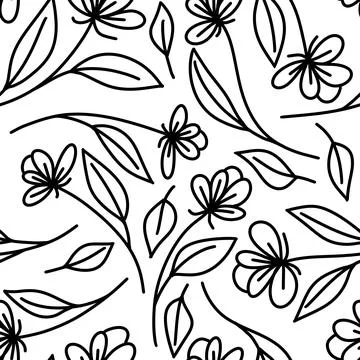 Seamless hand drawn pattern with black and white flowers floral botanical Stock Illustration