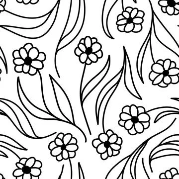 Seamless hand drawn pattern with black and white flowers floral botanical Stock Illustration