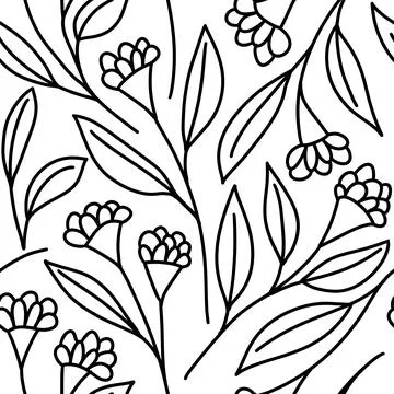 Seamless hand drawn pattern with black and white flowers floral botanical Stock Illustration