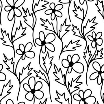 Seamless hand drawn pattern with black and white flowers floral botanical Stock Illustration