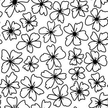 Seamless hand drawn pattern with black and white flowers floral botanical Stock Illustration