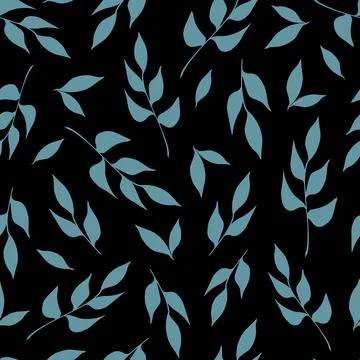 Seamless hand drawn pattern with blue leaves and branches of plants on a blac Stock Illustration