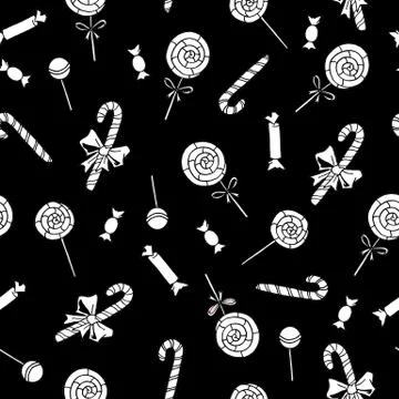 Seamless hand drawn pattern. Candy cane, sweets, lollipop. New year Xmas holi Stock Illustration