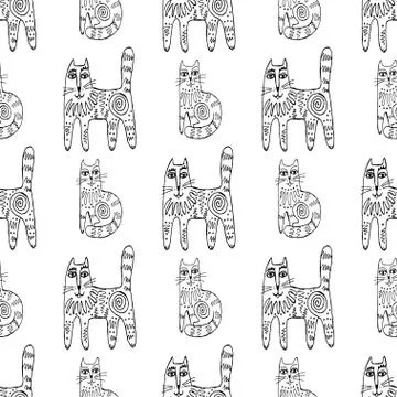 Seamless hand drawn pattern with cats. Illustrazione stock