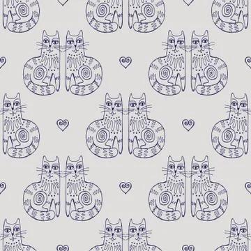 Seamless hand drawn pattern with cats. Stock Illustration