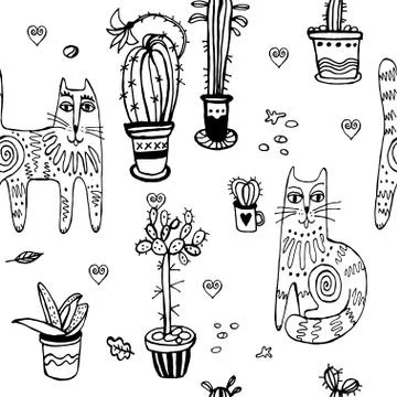 Seamless hand drawn pattern with cats. Stock Illustration