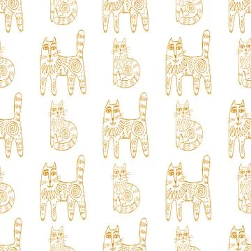 Seamless hand drawn pattern with cats. Stock Illustration