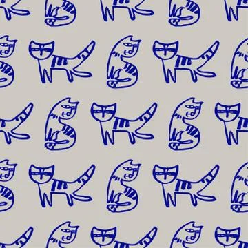Seamless hand drawn pattern with cats. Stock Illustration
