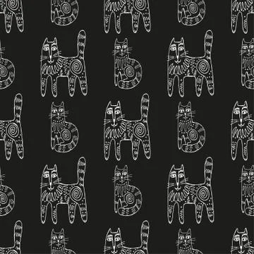 Seamless hand drawn pattern with cats. Illustrazione stock