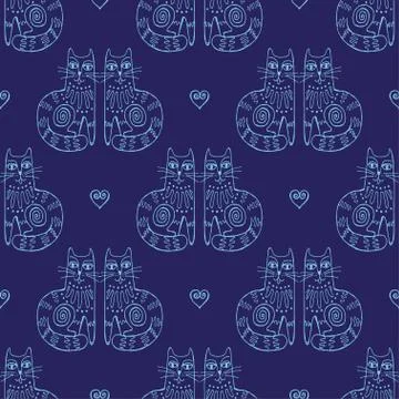 Seamless hand drawn pattern with cats. Stock Illustration