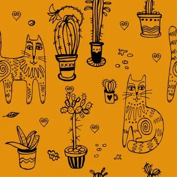 Seamless hand drawn pattern with cats. Illustrazione stock