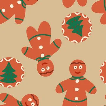 Seamless hand drawn pattern with Christmas cookies beige new year food Stock Illustration