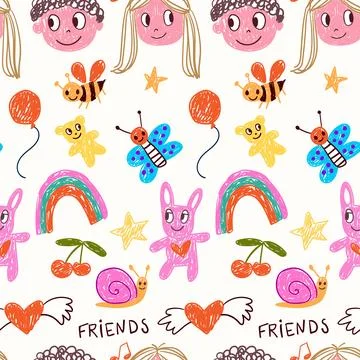Seamless hand-drawn pattern with colorful doodles of smiling faces, animals.. Stockillustratie
