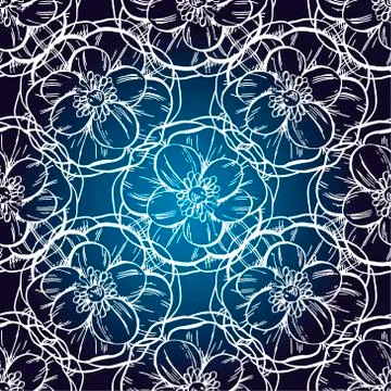 Seamless hand drawn pattern, dark blue background , vintage design, vector  Stock Illustration