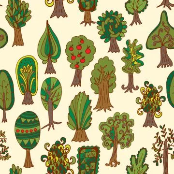 Seamless hand-drawn pattern with doodle forest tree 스톡 일러스트