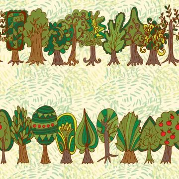 Seamless hand-drawn pattern with doodle forest tree Stock Illustration