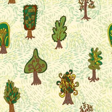 Seamless hand-drawn pattern with doodle forest tree Illustrazione stock