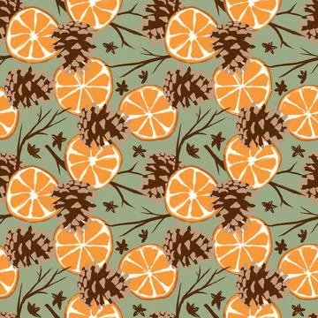 Seamless hand drawn pattern dried orange fruit pine tree cone on sage green Stock Illustration