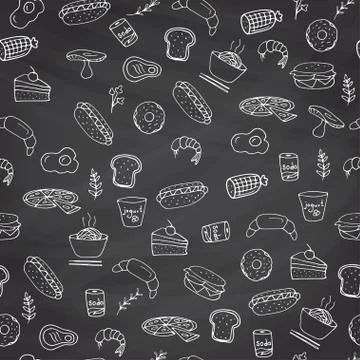 Seamless hand drawn pattern of fast food items and symbols, burger, pizza, dr Stock Illustration