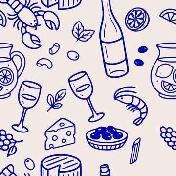 Seamless hand drawn pattern featuring wine bottles, glasses, seafood, cheese Stock Illustration