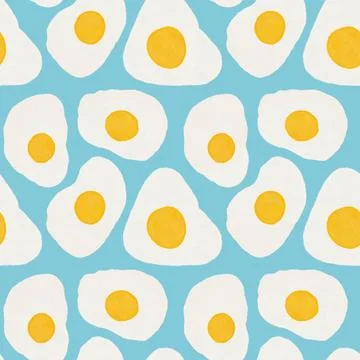 Seamless hand drawn pattern with fried eggs on blue background. Breakfast egg Stock Illustration