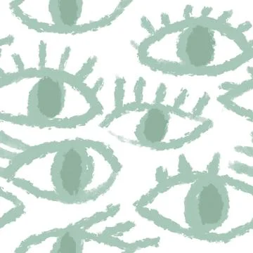 Seamless hand drawn pattern with green evil third eye, traditional ethnic evil Stock Illustration