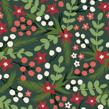 Seamless hand drawn pattern with green red ditsy Christmas star flowers winter 스톡 일러스트