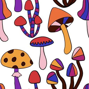 Seamless hand drawn pattern with hippie groovy mushrooms in orange purple blue Stock Illustration