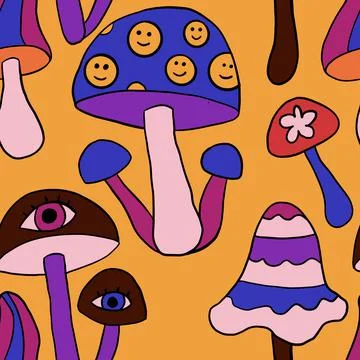Seamless hand drawn pattern with hippie groovy mushrooms in orange purple blue Stock Illustration
