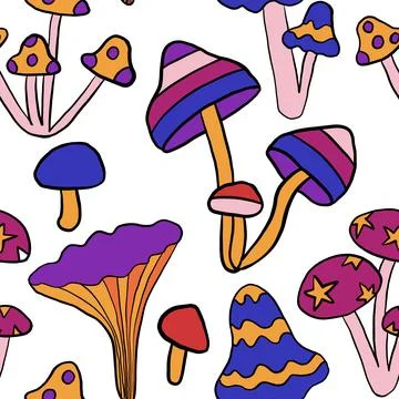 Seamless hand drawn pattern with hippie groovy mushrooms in orange purple blue Stock Illustration