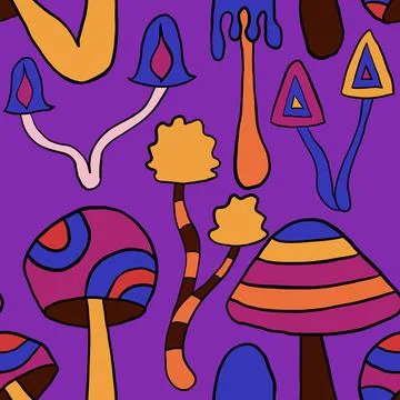 Seamless hand drawn pattern with hippie groovy mushrooms in orange purple blue Stock Illustration