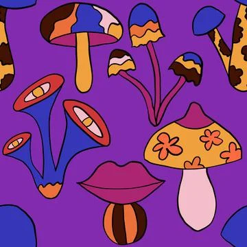 Seamless hand drawn pattern with hippie groovy mushrooms in orange purple blue Stock Illustration